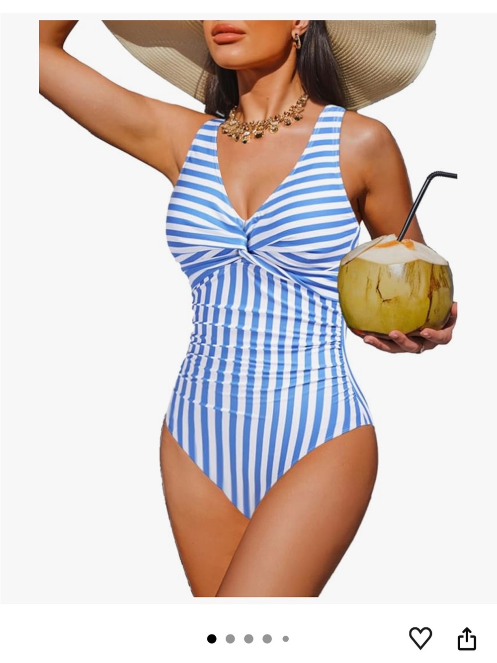 Women's Holipick Blue & White Striped Twist-Front One-Piece Medium Bathing Suit.